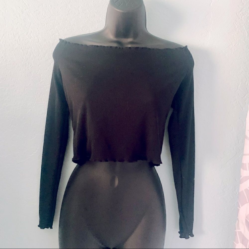 Boohoo Black Ribbed Off Shoulder Crop Top Size 10